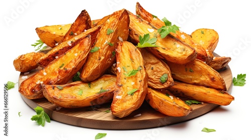 A pile of baked potatoes sitting on top of a wooden plate