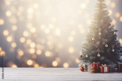 Christmas Home Background. Blurred Christmas Room with Copy Space. Festive Living Room Decor and Holiday Tree in Winter Setting.