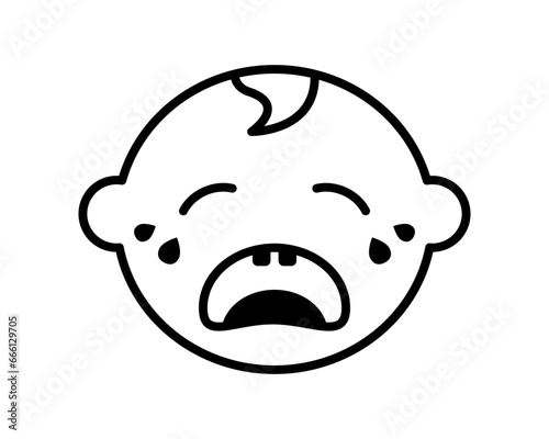 Crying baby head icon. Cheerful upset offended child with tears and open screaming mouth with vector emotion
