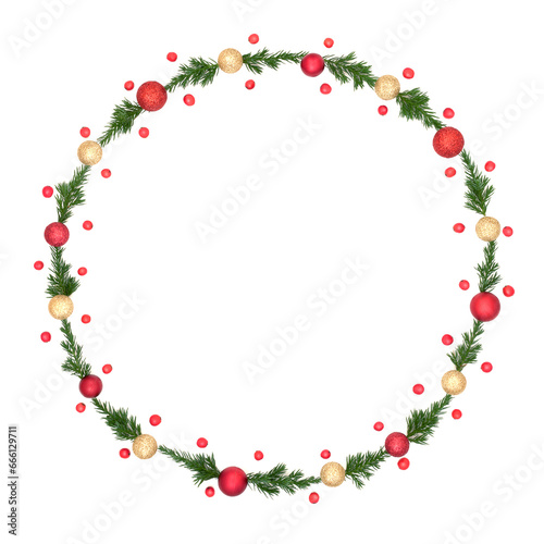 Christmas red and gold bauble juniper fir winter wreath decoration. Minimal  Noel  Yule frame design for card  invitation  logo  card  menu. On white.