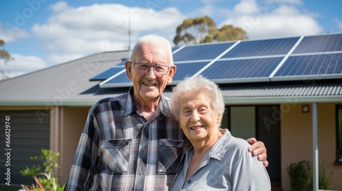 Happy elderly couple in front of a house with solar panels, green energy concept