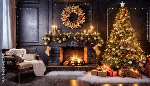 fireplace with christmas tree and decorations © melih 
