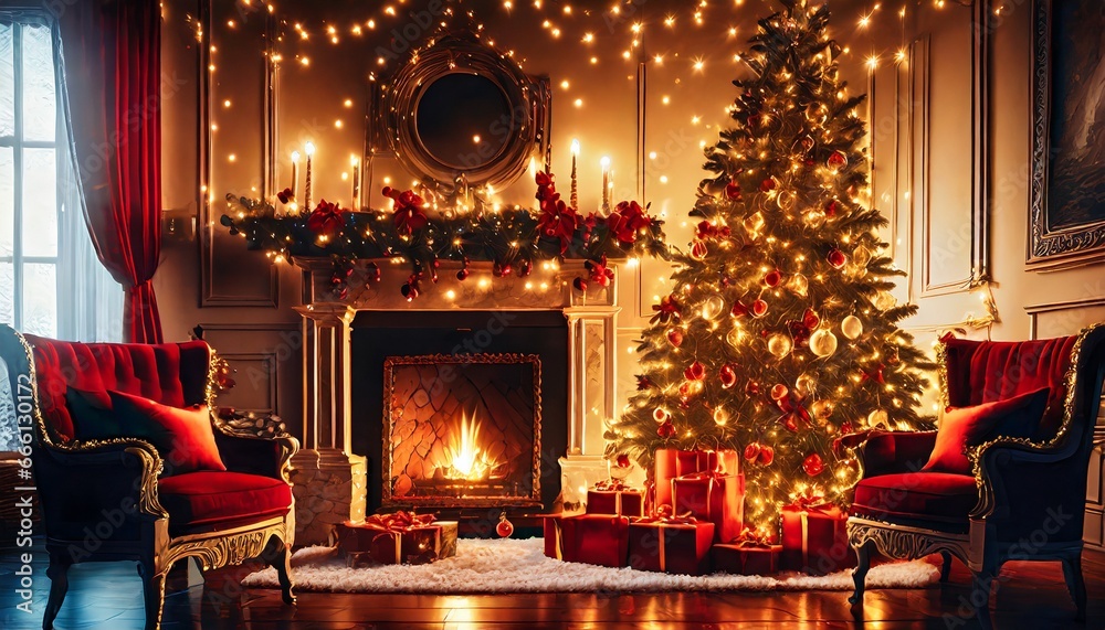 fireplace with christmas tree and decorations