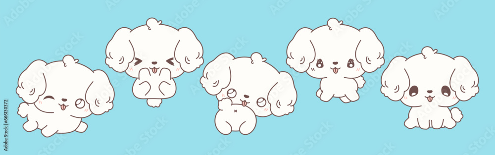Collection of Vector Cartoon Bichon Frise Dog Art. Set of Kawaii Isolated Puppy Illustrations for Prints for Clothes, Stickers, Baby Shower, Coloring Pages - obrazy, fototapety, plakaty 