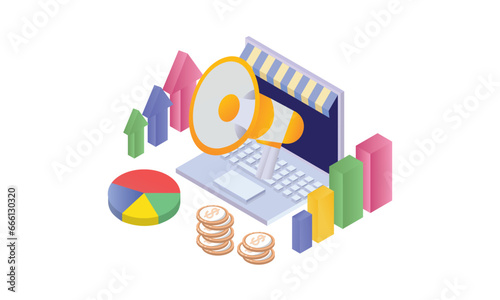 Digital marketing.laptop with Loudspeaker on it. Public relation, digital marketing and media concept.on white background.3D design.isometric vector design Illustration.