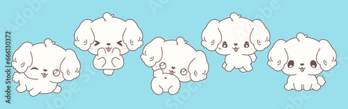 Collection of Vector Cartoon Bichon Frise Dog Art. Set of Kawaii Isolated Puppy Illustrations for Prints for Clothes, Stickers, Baby Shower, Coloring Pages photo