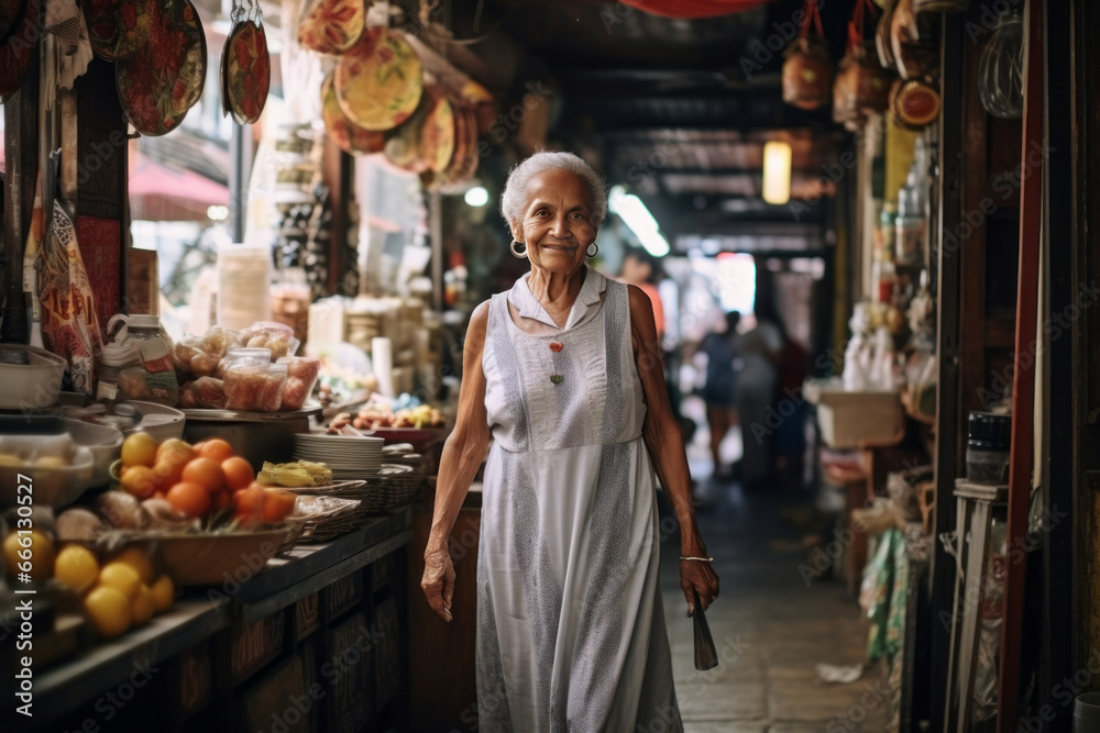 Fototapeta premium Senior African woman in traditional ethnic dress with hand fan at a city market. A gray-haired smiling lady is shopping, choosing fresh food or kitchen utensils. Local traditions of everyday life.