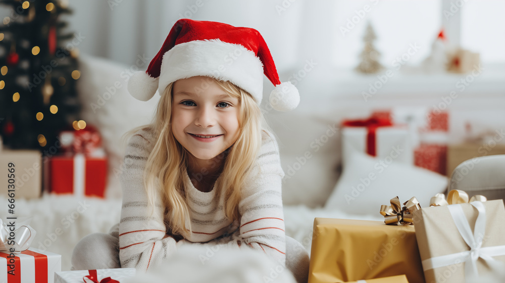 Little girl wearing Santa hat with lots of Christmas gifts, sitting on the floor smiling and looking at camera, hygge white living room, Scandinavian interior, copy space horizontal photo Little girl wearing Santa hat with lots of Christmas gifts, sitting on the floor smiling and looking at camera, hygge white living room, Scandinavian interior, copy space horizontal photo