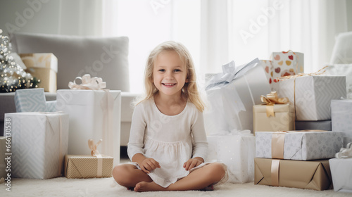 5 years old girl sitting on the floor with Christmas gifts in white living room, Christmas morning, blonde little girl, minimalist hygge interior, Scandi room, smiling child looking at camera photo