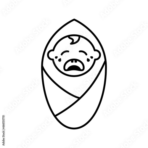 Crying baby in diaper with pacifier icon. Cheerful offended child wrapped in cocoon with black vector blanket