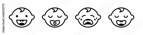 Baby head with emotions icon. Cute joyful and sleepy child with pacifier upset and crying and laughing vector enthusiastically