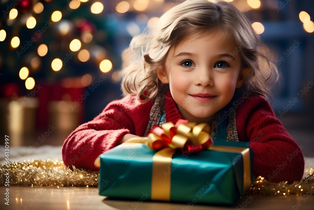 little girl with Christmas gift, a Small cute child holding a gift box with a red ribbon, giving receiving presents on holiday event little girl with Christmas gift, a Small cute child holding a gift box with a red ribbon, giving receiving presents on holiday event
