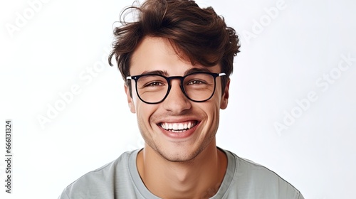 Close up of a handsome man wearing glasses on a white background  AI generative