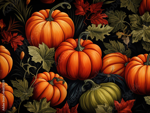 Autumn cozy seamless pattern with pumpkins and leaves. Generative Ai
