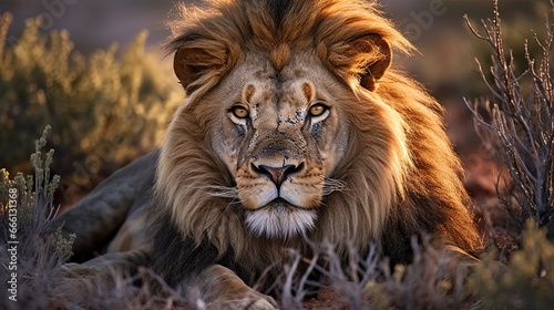 A male lion resting in a grassy field, AI generative