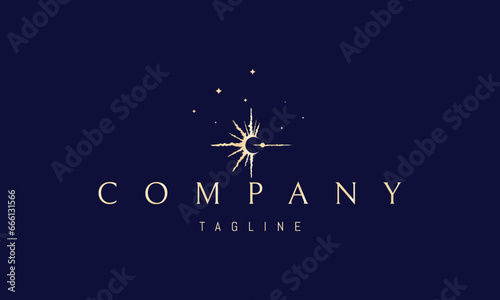 Vector golden logo with an abstract image of a solar eclipse with rays of light.