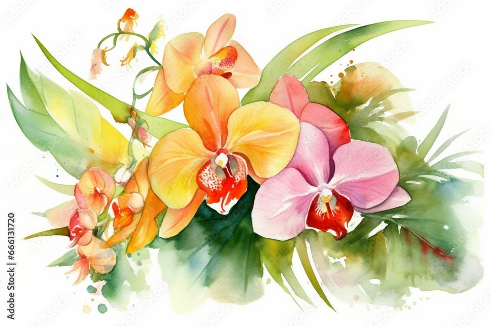 Vibrant watercolor art of tropical bouquet with orchids and green leaves, isolated on white background. Generative AI