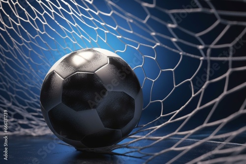 Monochrome soccer ball in goal net on blue backdrop. Digital illustration. High-res 3D rendering. Generative AI