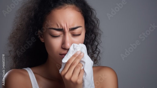 A woman with a runny nose wipes her nose with a paper tissue. Flu and colds. Seasonal diseases.