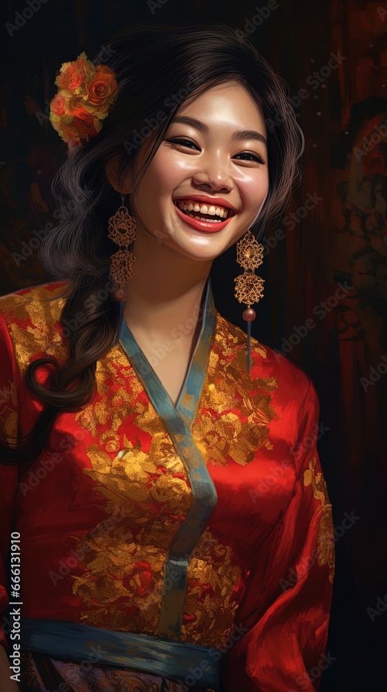Smiling woman in an elegant red dress, AI generative