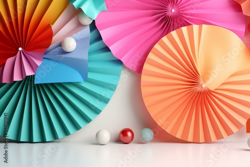 Colorful background with decorative garland and folding fan in a modern 3d illustration. Generative AI