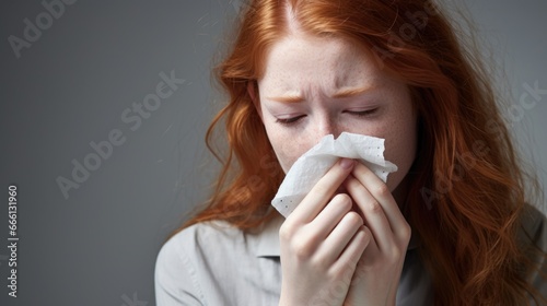 A woman with a runny nose wipes her nose with a paper tissue. Flu and colds. Seasonal diseases.