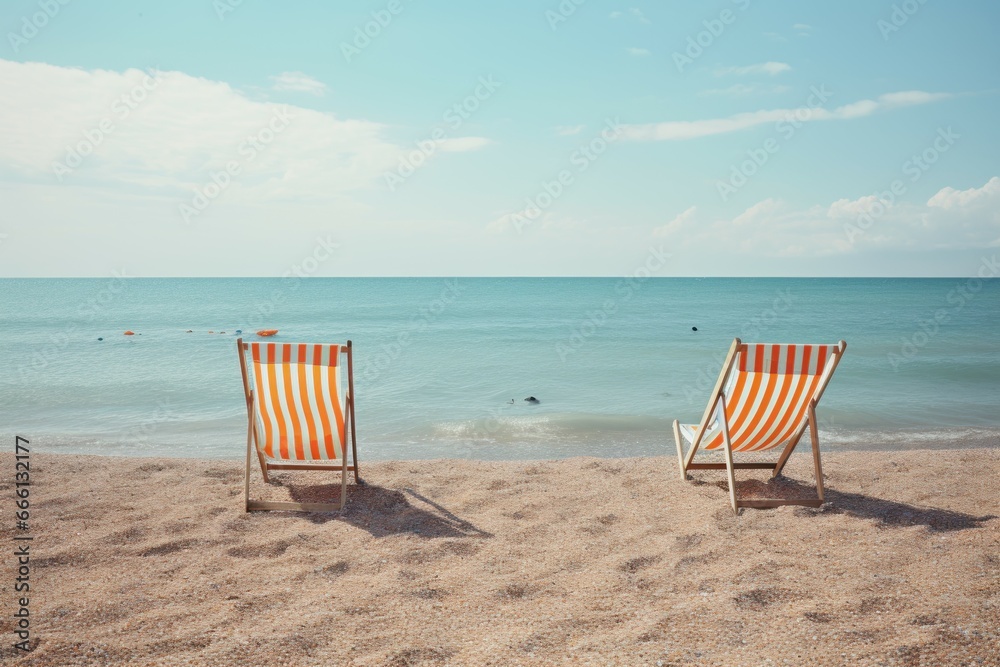 Sun-protective Beach chairs umbrella. Sunset tropical resort. Generate Ai