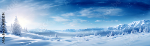 Beautiful winter snow background banner with snowdrifts, with beautiful light and snow flakes on the blue sky, beautiful bokeh circles, copy space, Ai generative.