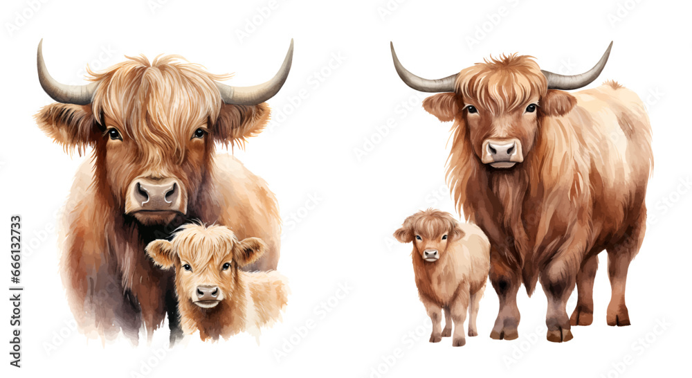 Watercolor yak with his cute baby, highland cow set, vector illustration, Generative Ai.  - obrazy, fototapety, plakaty 