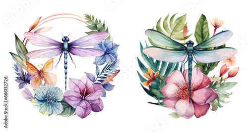 Watercolor dragonfly with jungle topical leaves and flowers, set, vector illustration, Generative Ai.