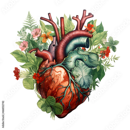 Watercolor human heart anatomy with leaves and flowers, vector illustration, Generative Ai.