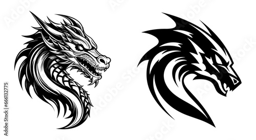 Set of a tribal dragon in different styles, tattoo, mascot logo, icon, vector illustration, Generative Ai.