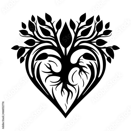 Heart with leaves silhouette, vector illustration, Generative Ai,