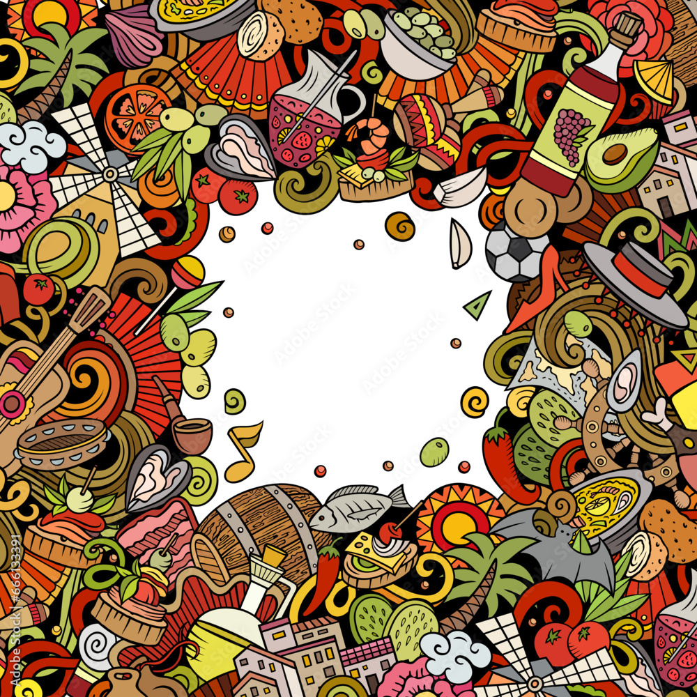 Naklejka premium Spain cartoon vector doodles frame