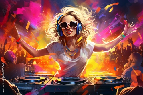 Captivating Dj sexy woman dancing people club. Dance event. Generate Ai
