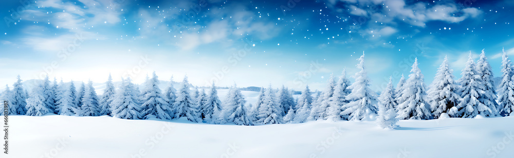 Beautiful winter snow background banner with snowdrifts, with beautiful light and snow flakes on the blue sky, beautiful bokeh circles, copy space, Ai generative.