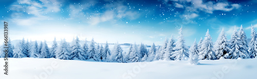 Beautiful winter snow background banner with snowdrifts, with beautiful light and snow flakes on the blue sky, beautiful bokeh circles, copy space, Ai generative. © digitalproducts