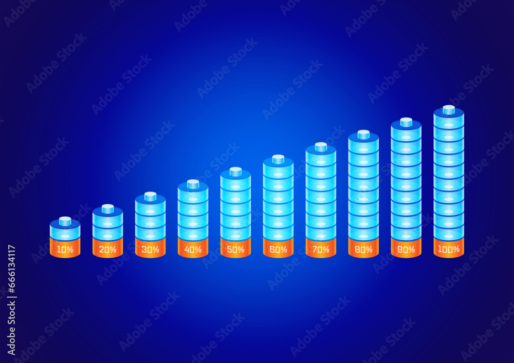 10-100 percent battery concept. blue-orange 10-100 battery pack. 10 step battery concept. percent battery concept for economy, energy, business 10-100 percent battery concept. blue-orange 10-100 battery pack. 10 step battery concept. percent battery concept for economy, energy, business