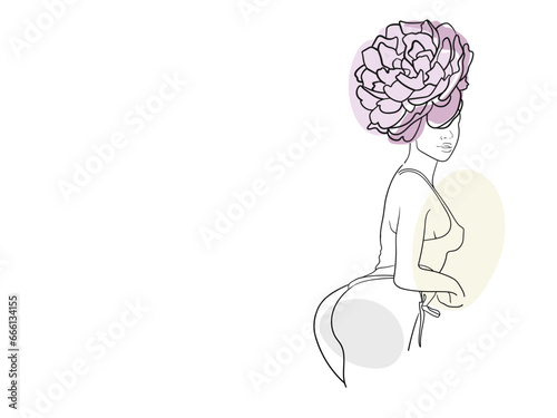 Woman pink flowers one line continuous drawing illustration. Peony of a woman's head with shapes. Wedding vector illustration