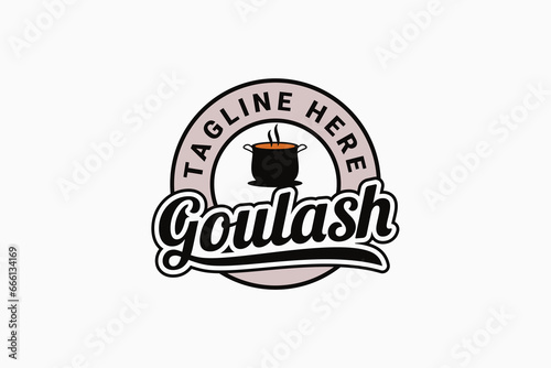 goulash logo with beautiful lettering. Goulash is a Hungarian royal food made from stewed meat and vegetables added with paprika and other spices.
