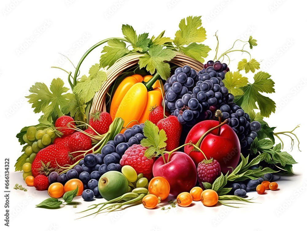 Composition with different fruits, vegetables and berries on white background. Generative Ai Composition with different fruits, vegetables and berries on white background. Generative Ai