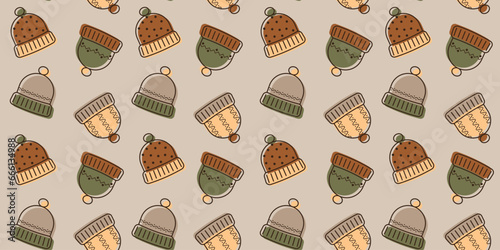 Doodle winter hats seamless pattern. Design for fabrics, wallpaper. 
