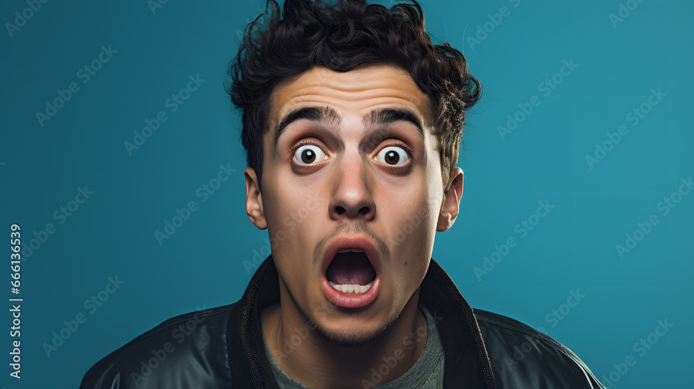 Young man with shocked surprised expression with wide open eyes and mouth, studio portrait, surprise shock