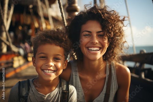 Close-up portrait of a beautiful woman and her son on board a pleasure boat. Cheerful, smiling mother and boy are traveling, enjoying their time. Recreation, travel and entertainment.