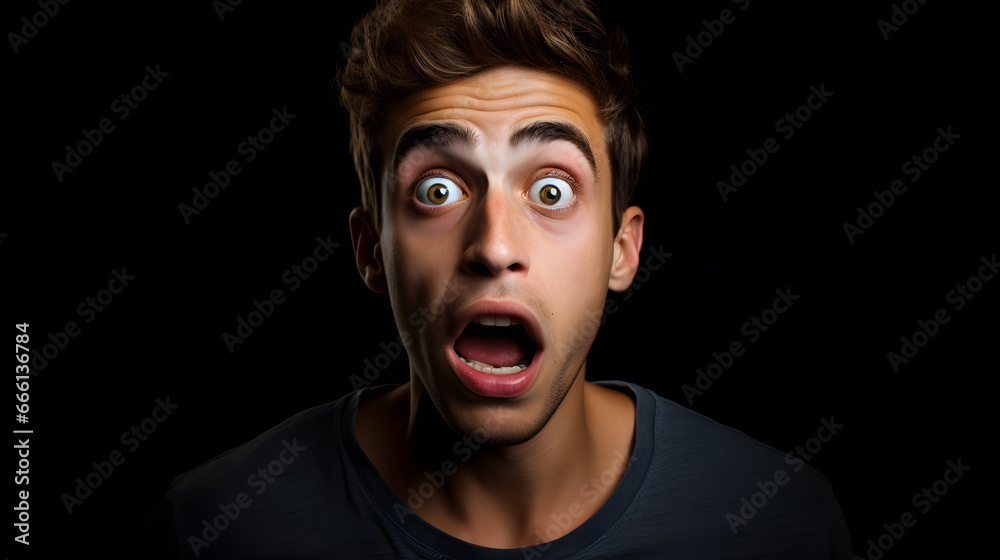 Young man with shocked surprised expression with wide open eyes and mouth, studio portrait, surprise shock Young man with shocked surprised expression with wide open eyes and mouth, studio portrait, surprise shock