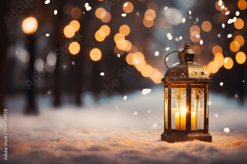 christmas lantern in the snowy street