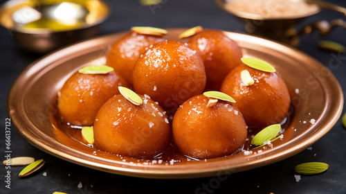 Delicious gulab jamun: A traditional Indian dessert with sugar syrup photo