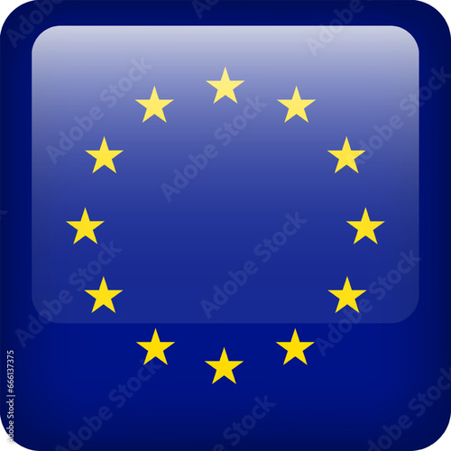 European Union flag button. Square emblem of EU. Vector Europa flag, symbol. Colors and proportion correctly.