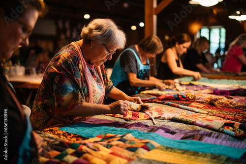 The workshop buzzes with activity as women skillfully stitch together colorful patches of fabric, turning them into vibrant quilts and blankets. 