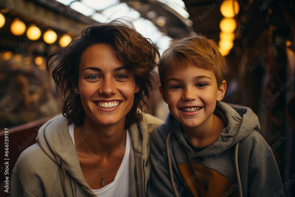 Close-up portrait of a beautiful woman and her son riding an amusement park ride. Cheerful, smiling mother and boy relaxing and enjoying time. Shared leisure and entertainment strengthens family ties. Close-up portrait of a beautiful woman and her son riding an amusement park ride. Cheerful, smiling mother and boy relaxing and enjoying time. Shared leisure and entertainment strengthens family ties.